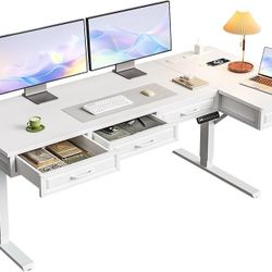 DK131 $160  L Shaped Electric Standing Desk with Wooden Drawers, 63 Inch Height Adjustable Corner Workstation with Power Outlets, Sit Stand Table for 