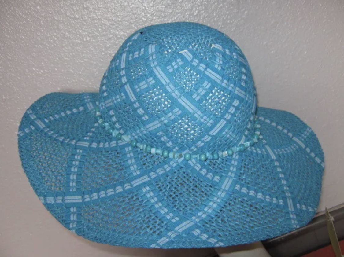 Ladies Woven Ribbon Beaded Floppy Wide Brim Straw Beach Sun HAT Turquoise
