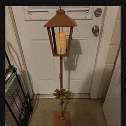 Garden Indoor Outdoor Metal Pole Lamp With Brand New Battery Operated Candle And Little Flower, Wind Chime
