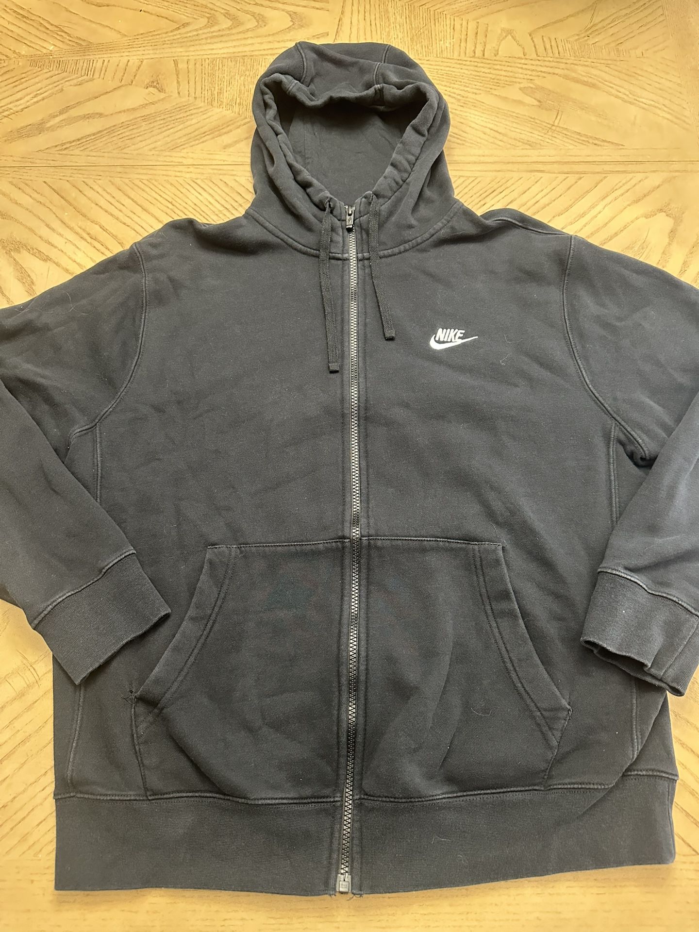 Nike Hoodie Mens Large Full Zip Black Hooded Sweatshirt Club Fleece Y2K Jacket