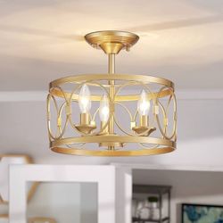 3-Light Semi Flush Mount Ceiling Light Fixture, Gold Farmhouse Ceiling Light 