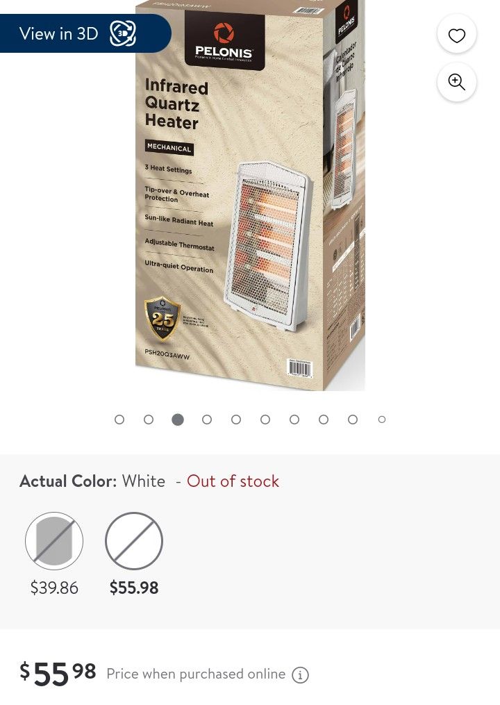 Pelonis 1500W Electric Quartz Radiant Heater with 3-Heat Settings