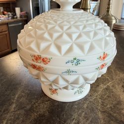Vintage Milk Glass Hobnail Floral Candy Dish with Lid