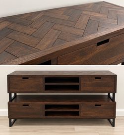 Dark Wood TV Stand with Herringbone Top