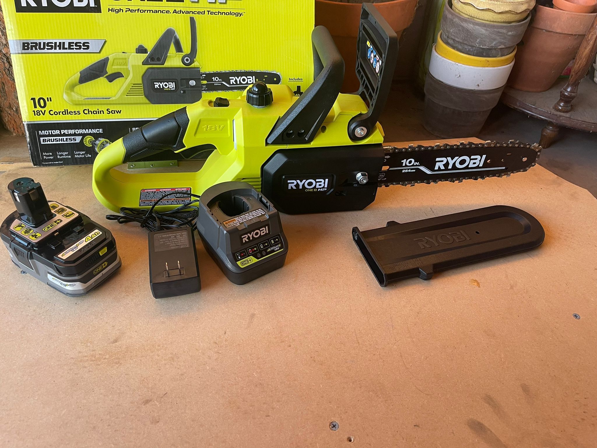 RYOBI ONE+ HP 18V Brushless 10 in. Cordless Battery Chainsaw with 4.0 Ah Battery and Charger