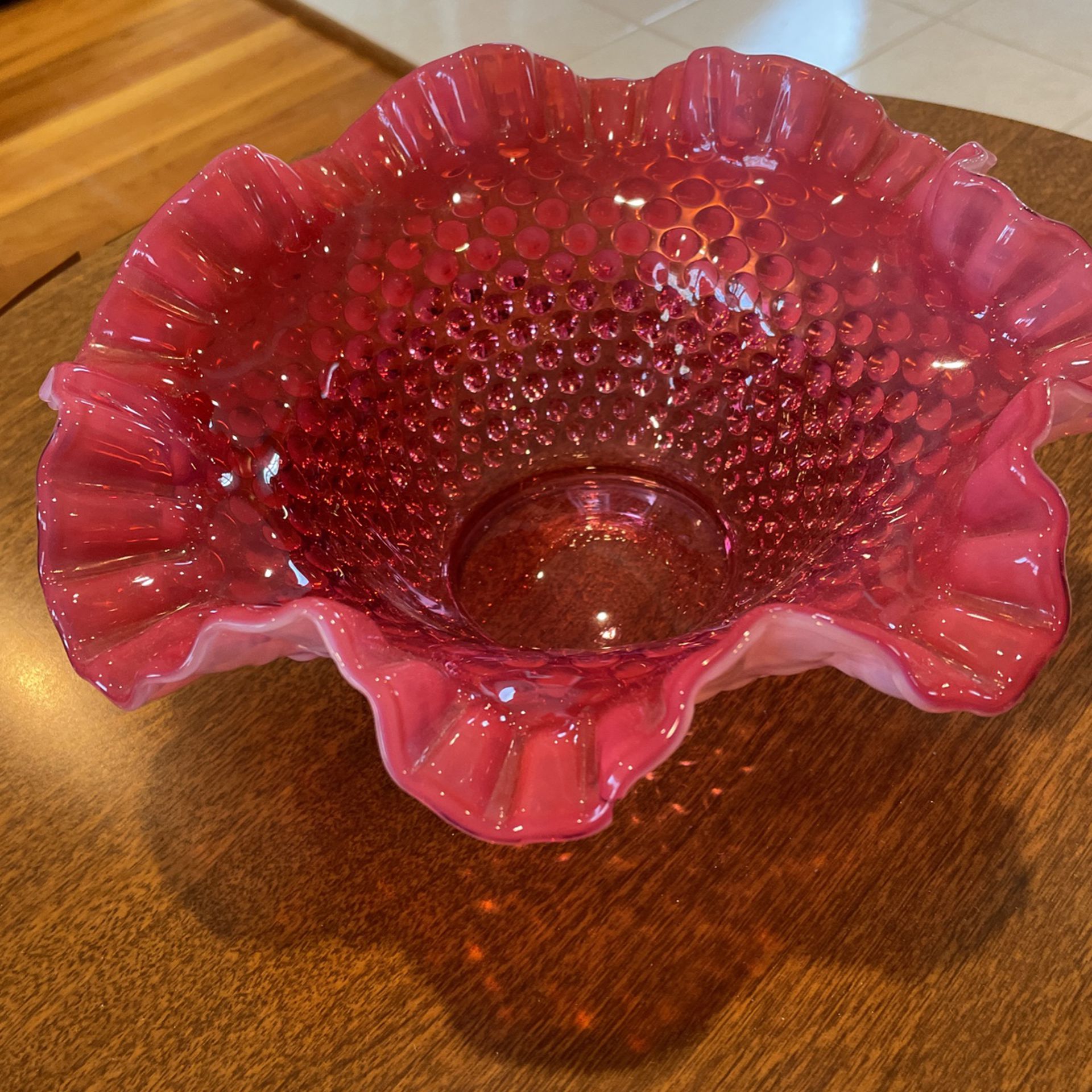 9 1/2” W 4” H Pink Glass Bowl Ex Cond Been In Storage Bag