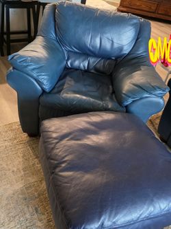 Blue leather chair & ottoman