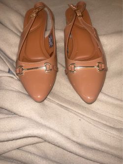 tan patent pointed slingback flats