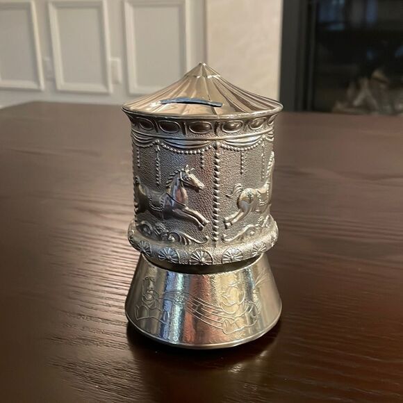 Antique Silver Plated Carousel Carillon / Coin Bank Merry-Go-Round - Music box