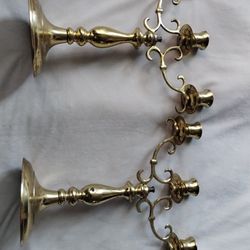 Antique 11” Tall Cast Brass Metal 3 Arm Candlesticks Candelabra.       Set 2