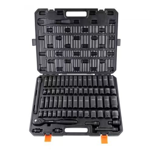 458# 1/2" Drive Impact Socket Set, 65 Piece Socket Set SAE 3/8" to 1-1/4" and Metric 10-24mm, 6 Point Cr-V Alloy Steel for Auto Repair, Rugged Constru