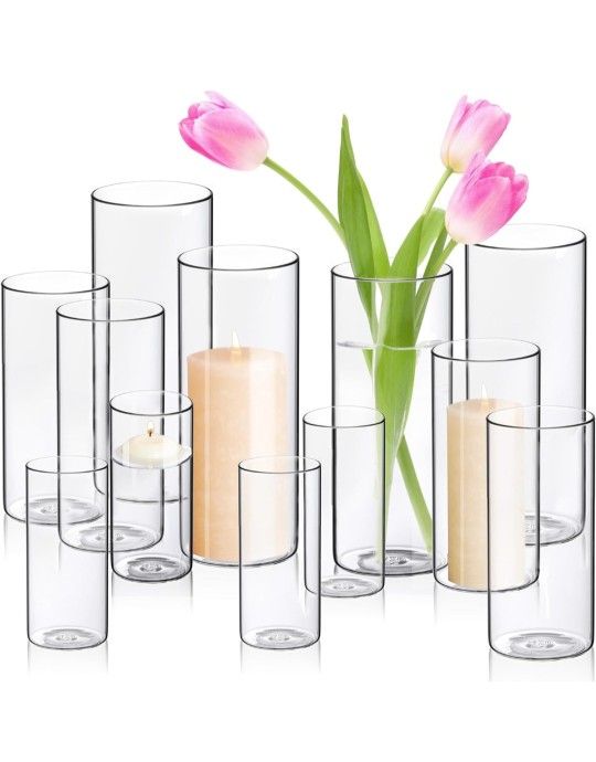 Cylinder Flower Vases 10PCS 10" 7.8" 6" Hurricane Candle Holders Pillar Votives Floating Candles Holder