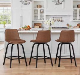 Set Of 3 YANNIS Brown Faux Leather Swivel Bar Stool Metal Frame Double-cushioned Counter Height Stool