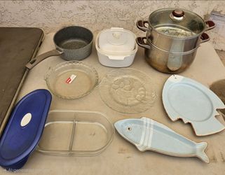 Assorted Kitchenware.  Pot,  Steamers, Serving Dishes, Pie Plate,.
