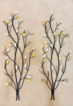 Metal Vines Wall Art Branches Set of 2 Vintage Shell Leaves-Tree/Nature/Boho