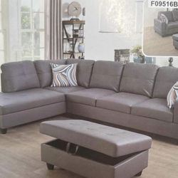 Gray Leather Sectional Couch And Ottoman 