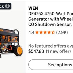 WEN 4750 Dual Fuel Generator With CO Sensor and Wheel Kit. 