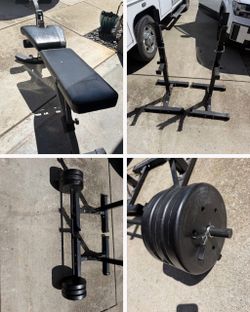 Adjustable weight bench, barbell, squat rack