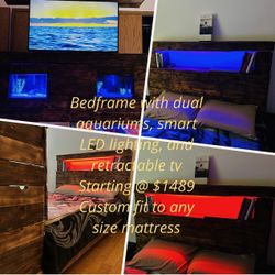 Custom Bedframe w/ Dual Fish Tanks, LED Lights, Retractable TV