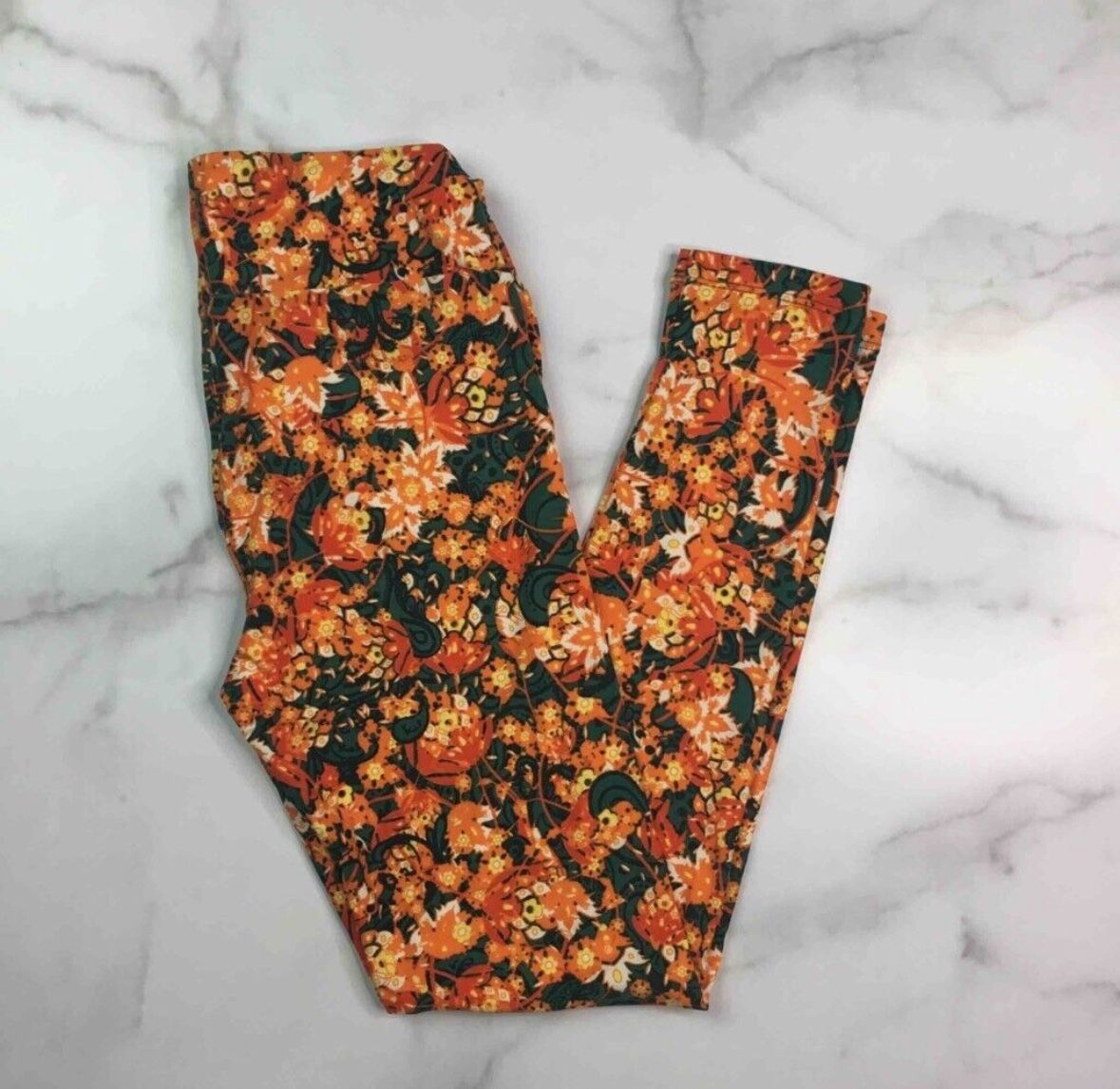 LuLaRoe Womens Leggings Orange Tropical Abstract Stretch Ankle Length One Size