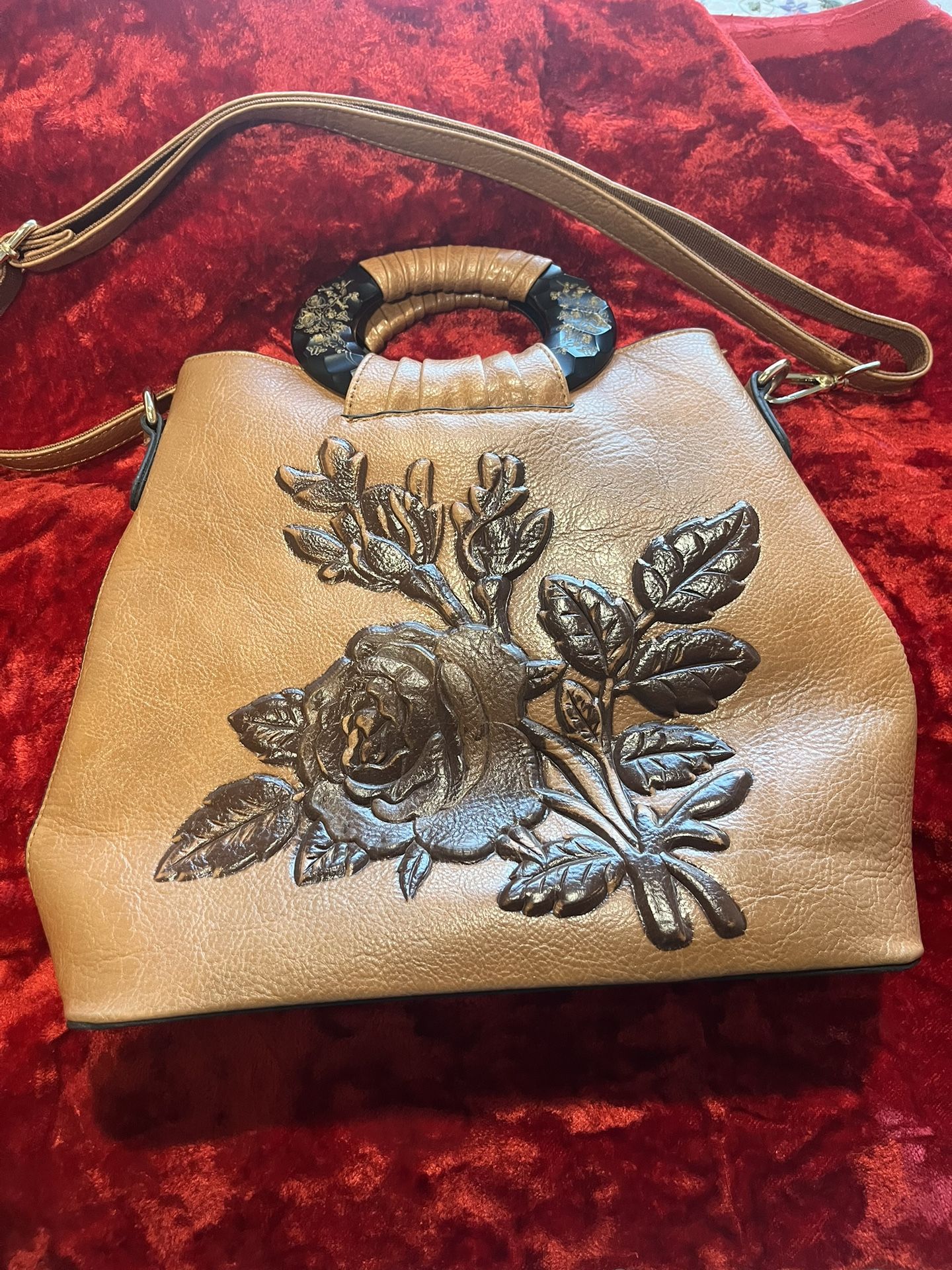 Brown Leather With Tooled Flower Satchel Purse With Removable Shoulder Strap