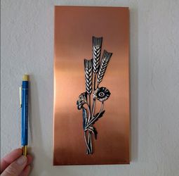 small vintage copper brass wall hanging, relief metal wheat flowers