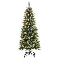 5 ft. Pre-Lit Hinged Pencil Artificial Christmas Tree Decorated Snow Flocked Tips