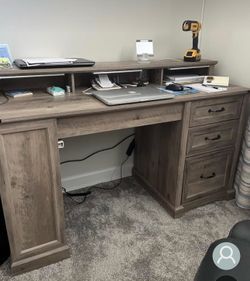 55'' Farmhouse Executive Desk with Drawers, Home Office Desk with File Cabinet and Storage Shelf, Charging Station, Computer Desk with Monitor Stand, 