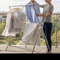 1pc Stainless Steel Floor Folding Clothes Drying Rack Easy Setup Reinforcement Strips Sturdy Strong Load-Bearing Silver Home Laundry Rack 1pc