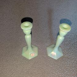 Fenton Candlesticks Beautiful Shimmering Pale Green