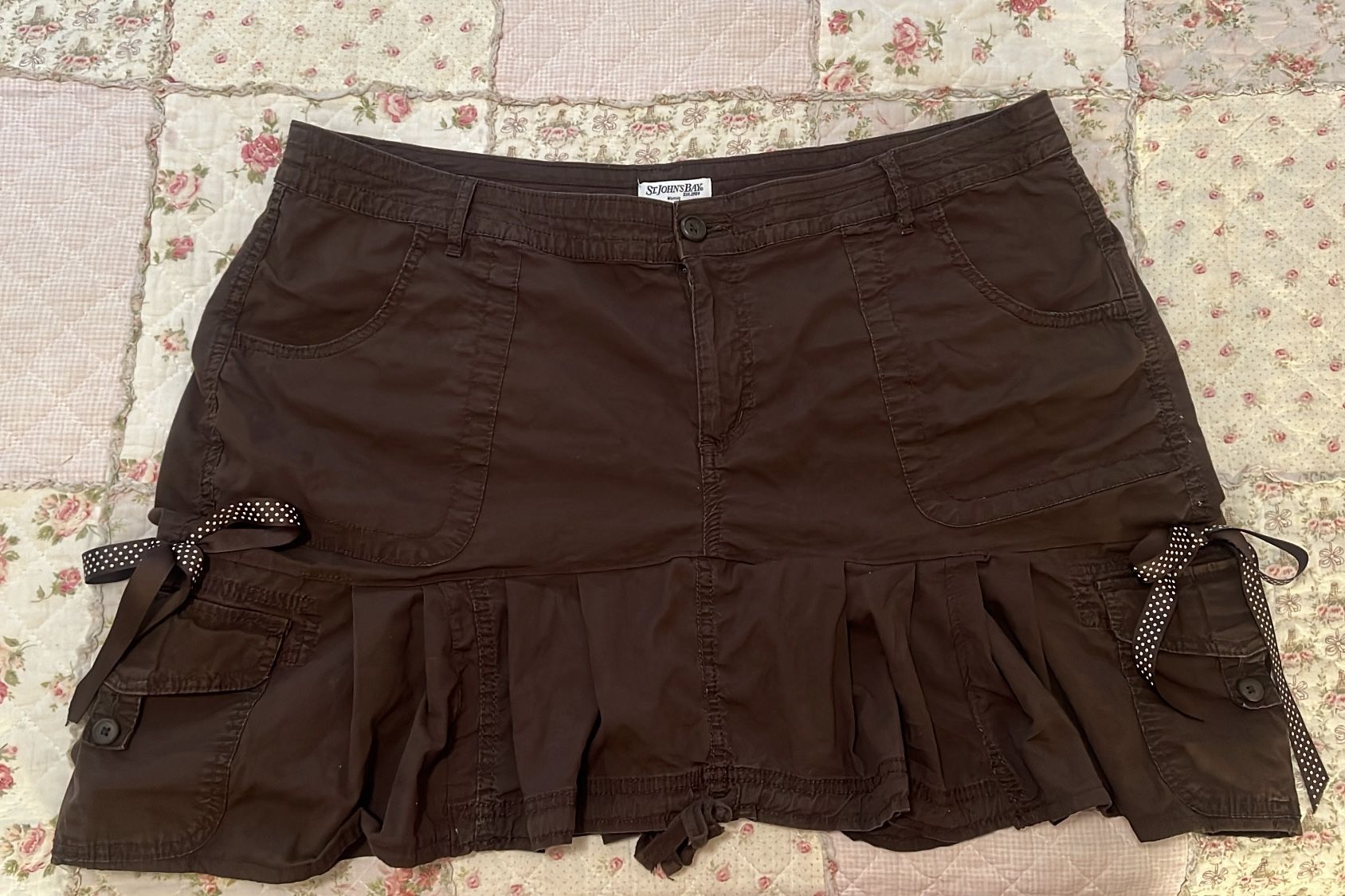 handmade brown pleated ruffle bow pocket skirt