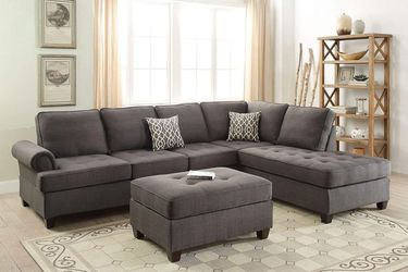 ASH BLACK DORIS FABRIC REVERSIBLE SECTIONAL CHAISE SOFA OTTOMAN