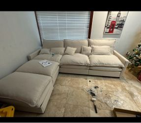 Beige Sectional Sofa with Chaise & Matching Ottoman – $500