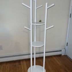 White Rotary Coat Rack Stand Modern Wooden Shelves 