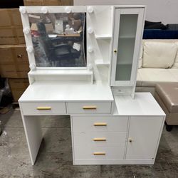 Vanity Desk with Mirror and Lights, Makeup Vanity with Lights & Charging Station, White Vanity with Ambient Light, Vanity Table with Dresser, Makeup T