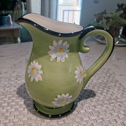 Ceramic Green Pitcher With White Daisy's 