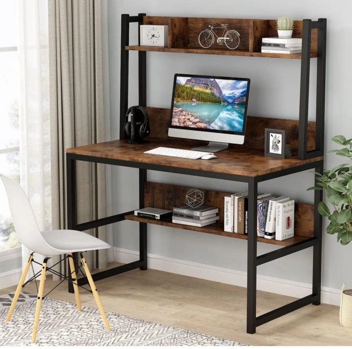 New In Box 55" Tall Computer Desk, Home Office Desk with Hutch and Shelves