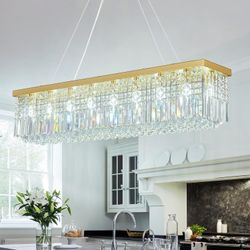 Modern Gold Chandeliers Rectangular Crystal Chandelier 47.24in Ceiling Pendant Light for Kitchen Island Living Room Dining