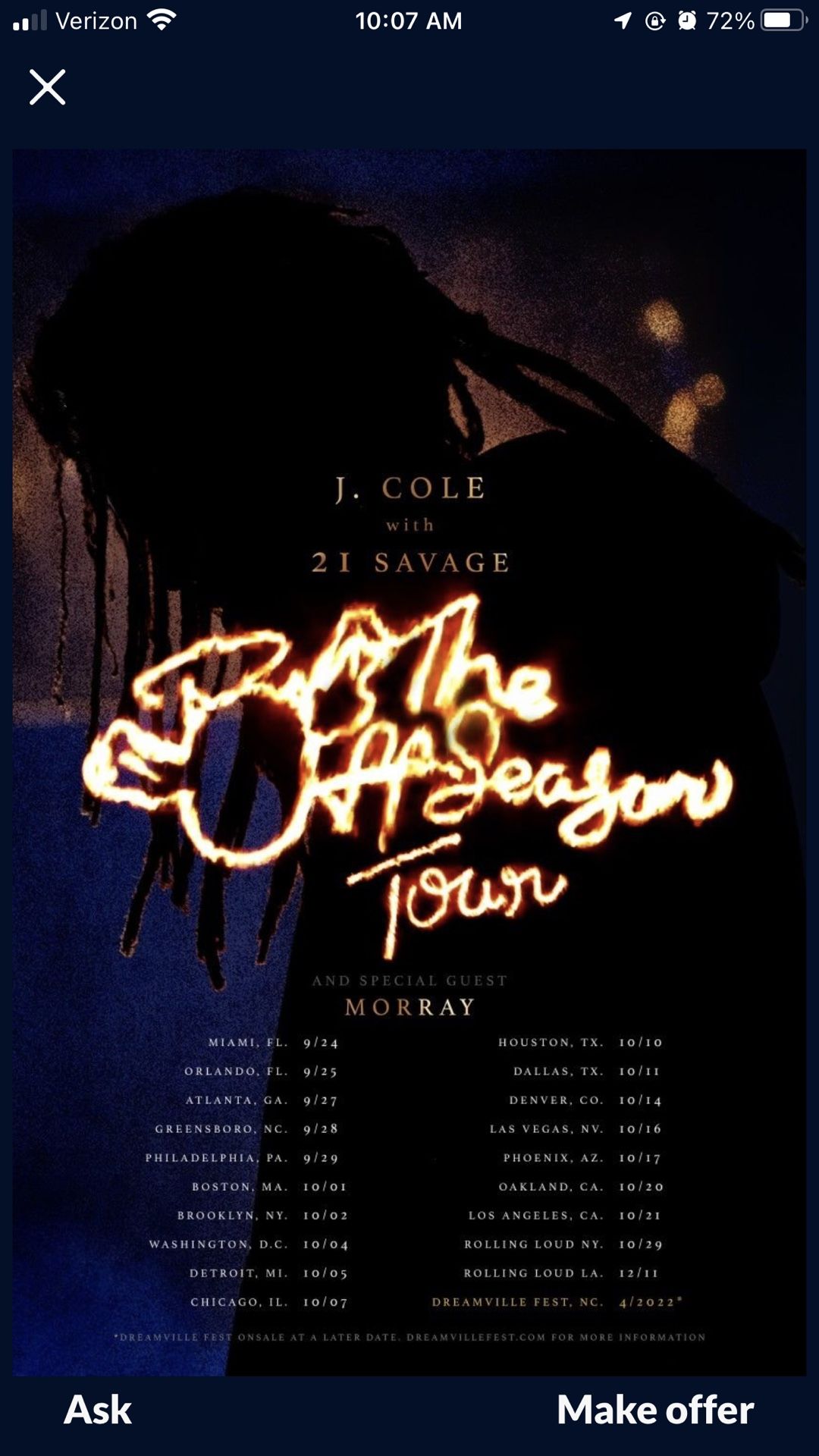 J COLE & 21 SAVAGE THE OFF-SEASON TOUR 🔥🔥🎤🍺🍻🍹CONCERT THURSDAY OCTOBER 21 (2) TICKETS 🎫 🎫 $175 EACH $350 FOR PAIR 🎫🎫