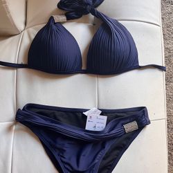 Navy Bikini With Rhinestone Metal 