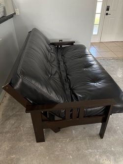 Black Leather Futon & Solid Dark Brown Wood Frame