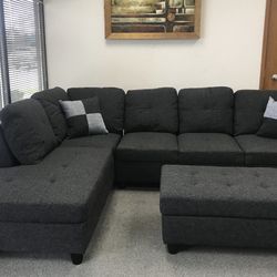 Charcoal Linen Sectional Couch And Ottoman