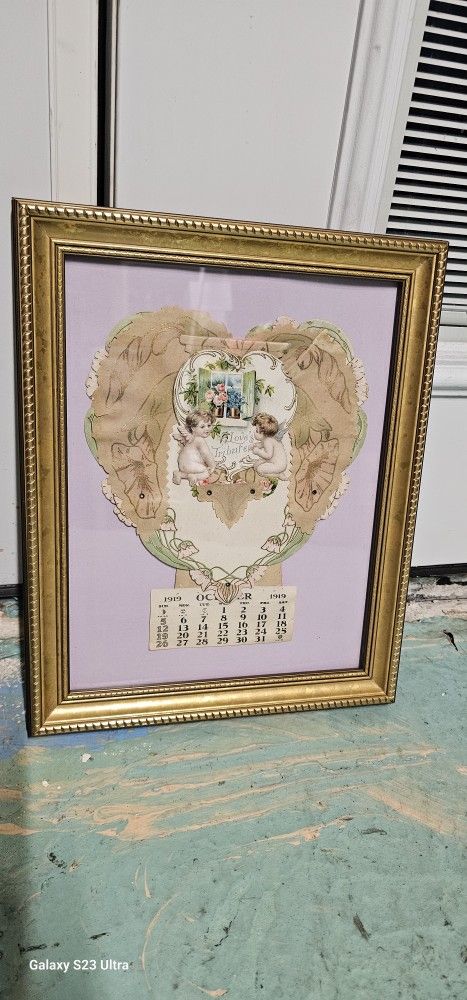 Antique Love Tribute Card 1919s October Girl and Boy Angels 12.5x10 Frame/Glass