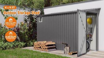 4x9 FT Lean to Shed with Windows, Metal Garden Shed Tool House with Sloping Roof with 2 Vents and 1 Side Open Door, Outdoor Storage Shed Waterproof fo