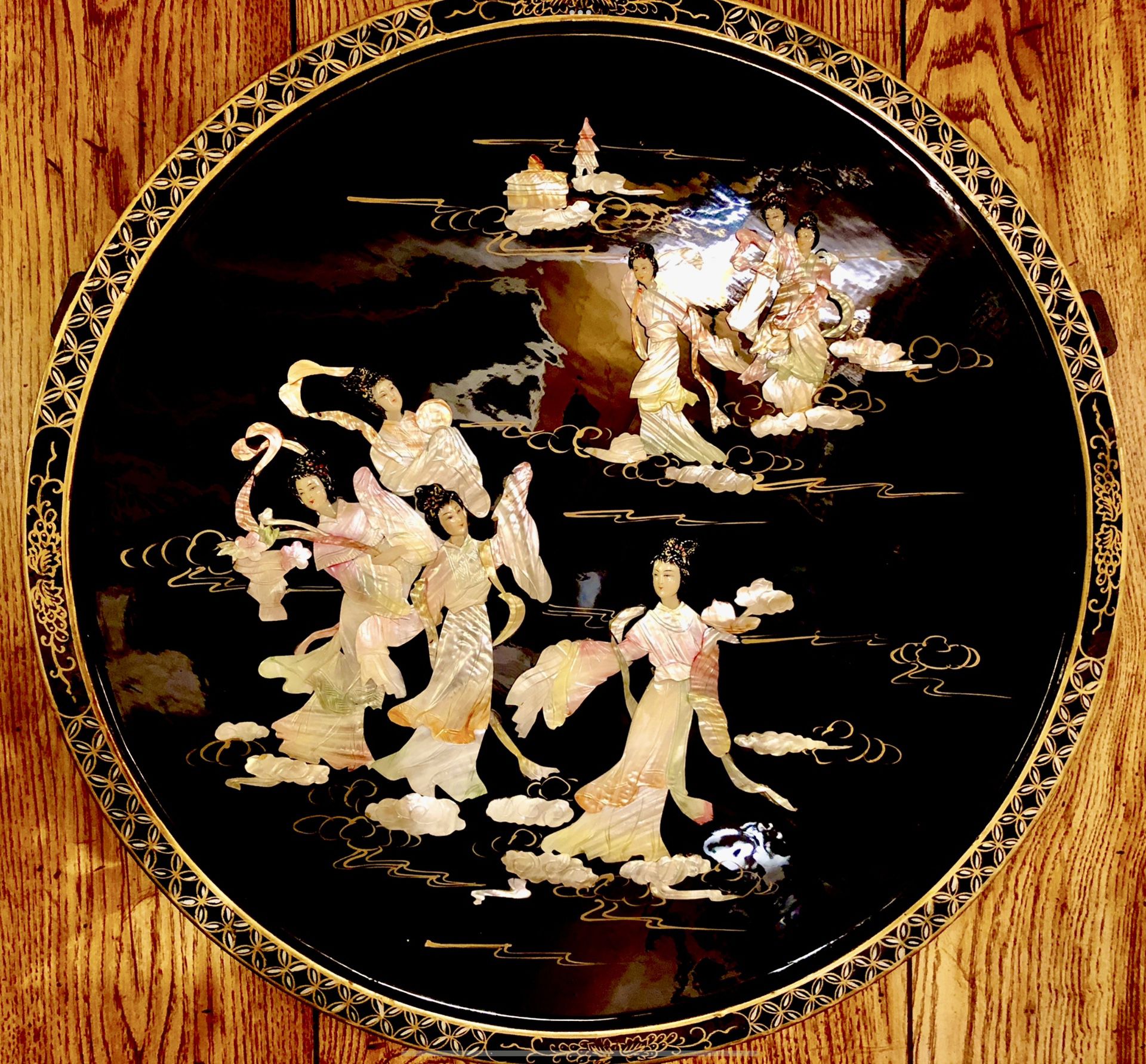 Vintage Chinese Mother Of Pearl Round Wall Art.  27 inch 