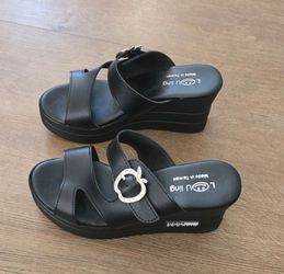 Vintage Y2K Black Platform Wedge Sandals Chunky Rhinestone Buckle Slide Size 5.5/6