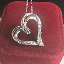 925 Sterling Silver Designer Genuine Diamond 💎 Heart ❤️ Necklace , 18in 925 Chain , Beautiful!!