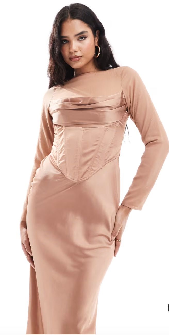 Corset Overlay Satin Chiffon Mix Maxi Dress