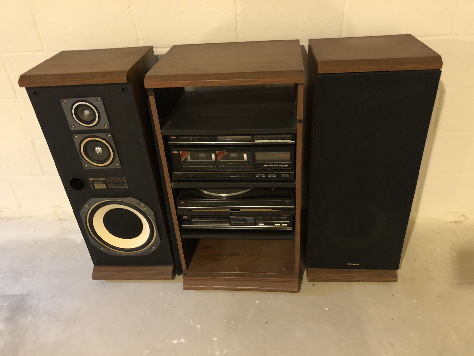 Vintage 80’s fisher 100w rack system with dual tape deck, turntable, cd, and full size 3-way floor speakers w 12” woofers