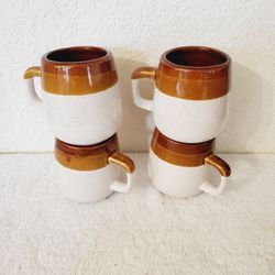 4 Vintage MidCentury 3 Toned Brown Glazed Pottery Mugs / Cups